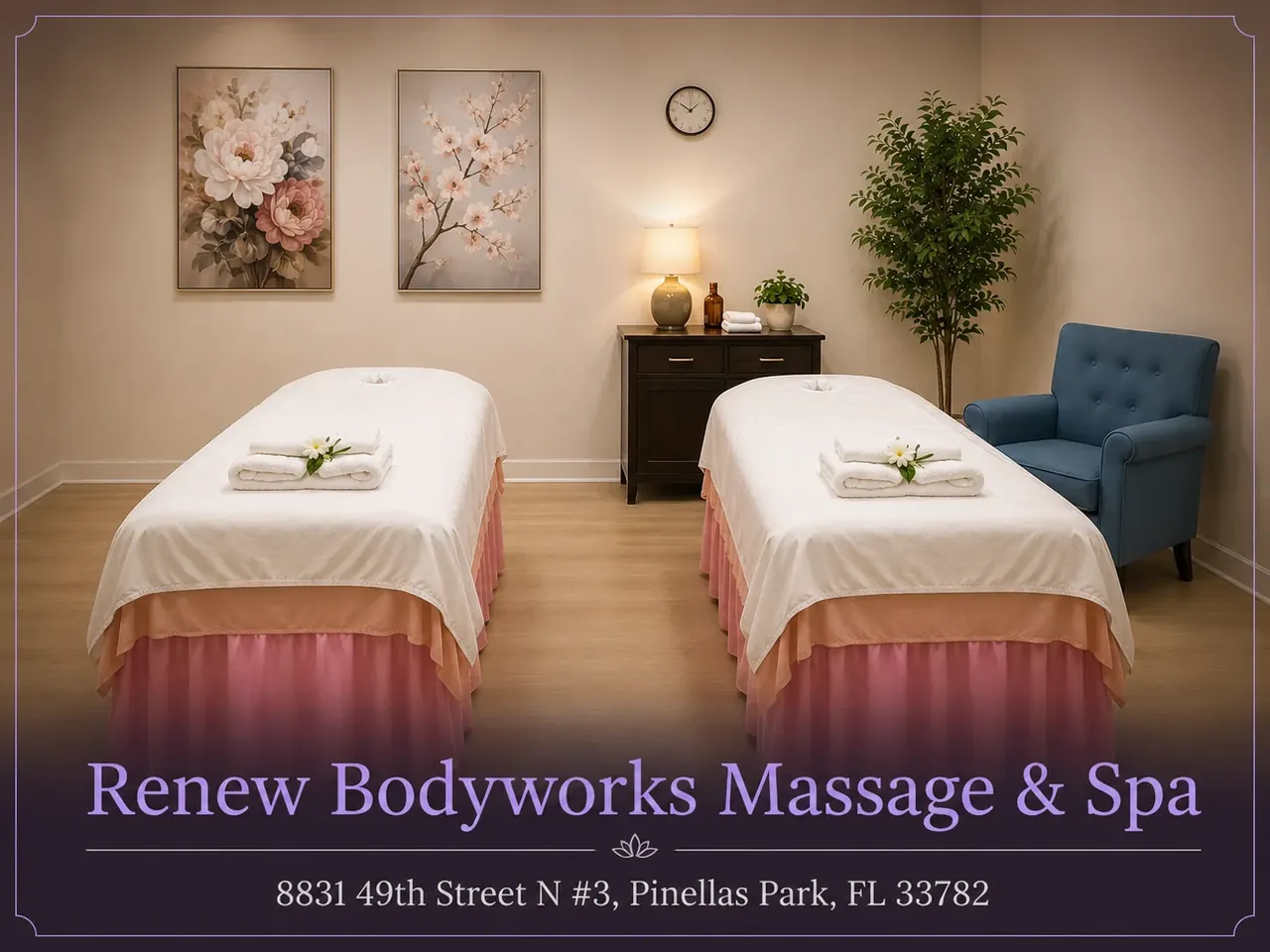 Couples room with two tables at Renew Bodyworks Massage & Spa in Pinellas Park FL