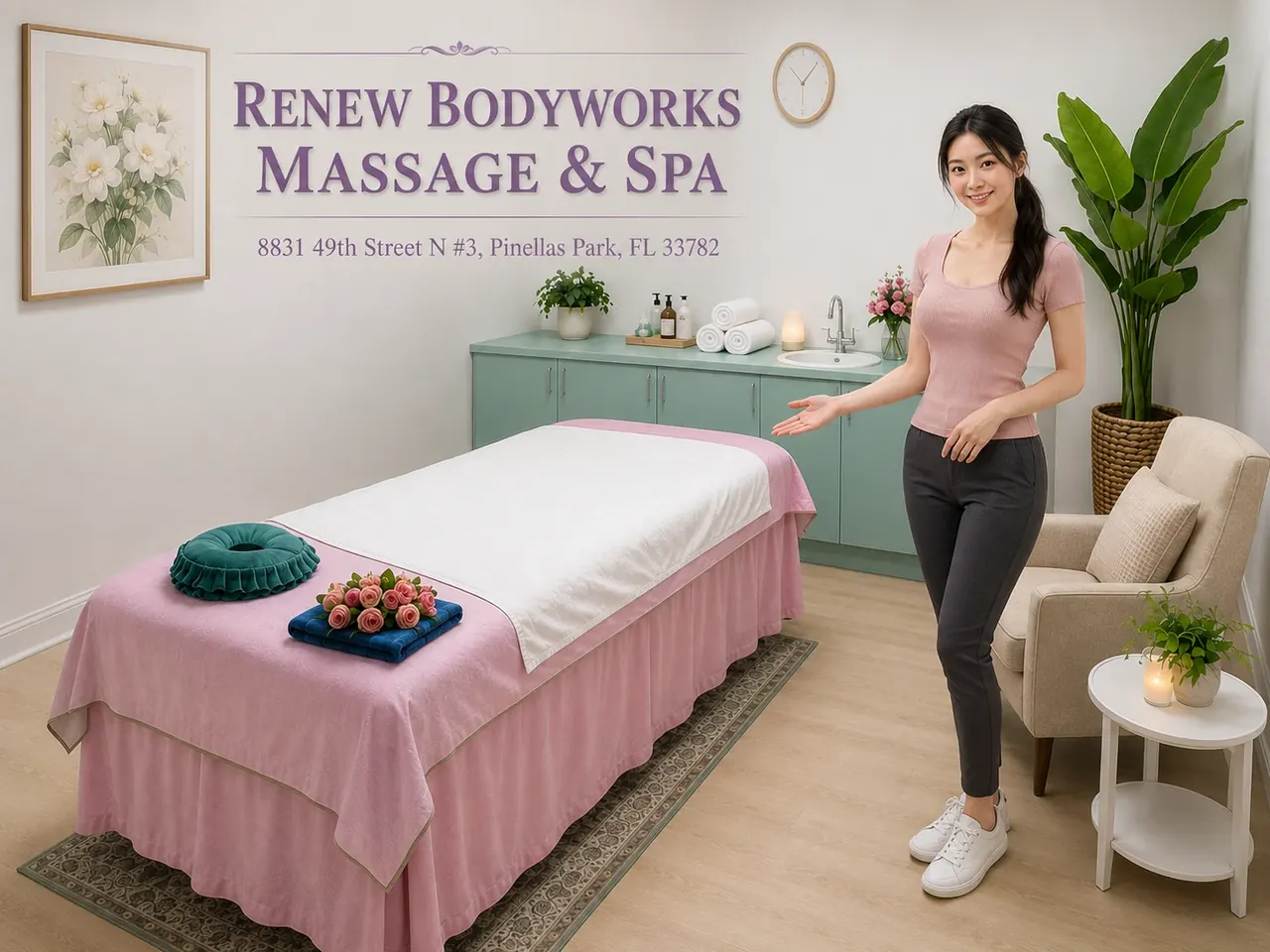 Friendly massage therapist in a clean, private room at Renew Bodyworks Massage & Spa near St. Pete Beach FL
