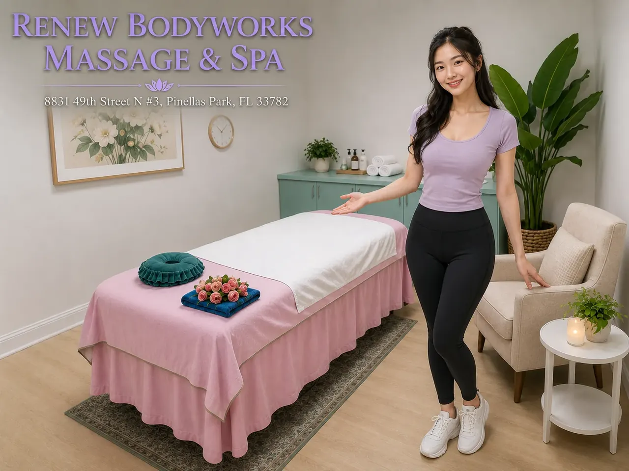Two friendly massage therapists beside a clean table at Renew Bodyworks Massage & Spa in Pinellas Park FL
