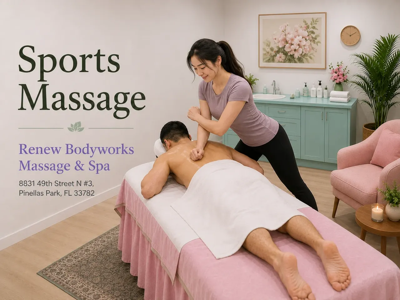 Sports massage session in a clean room at Renew Bodyworks Massage & Spa in Pinellas Park FL
