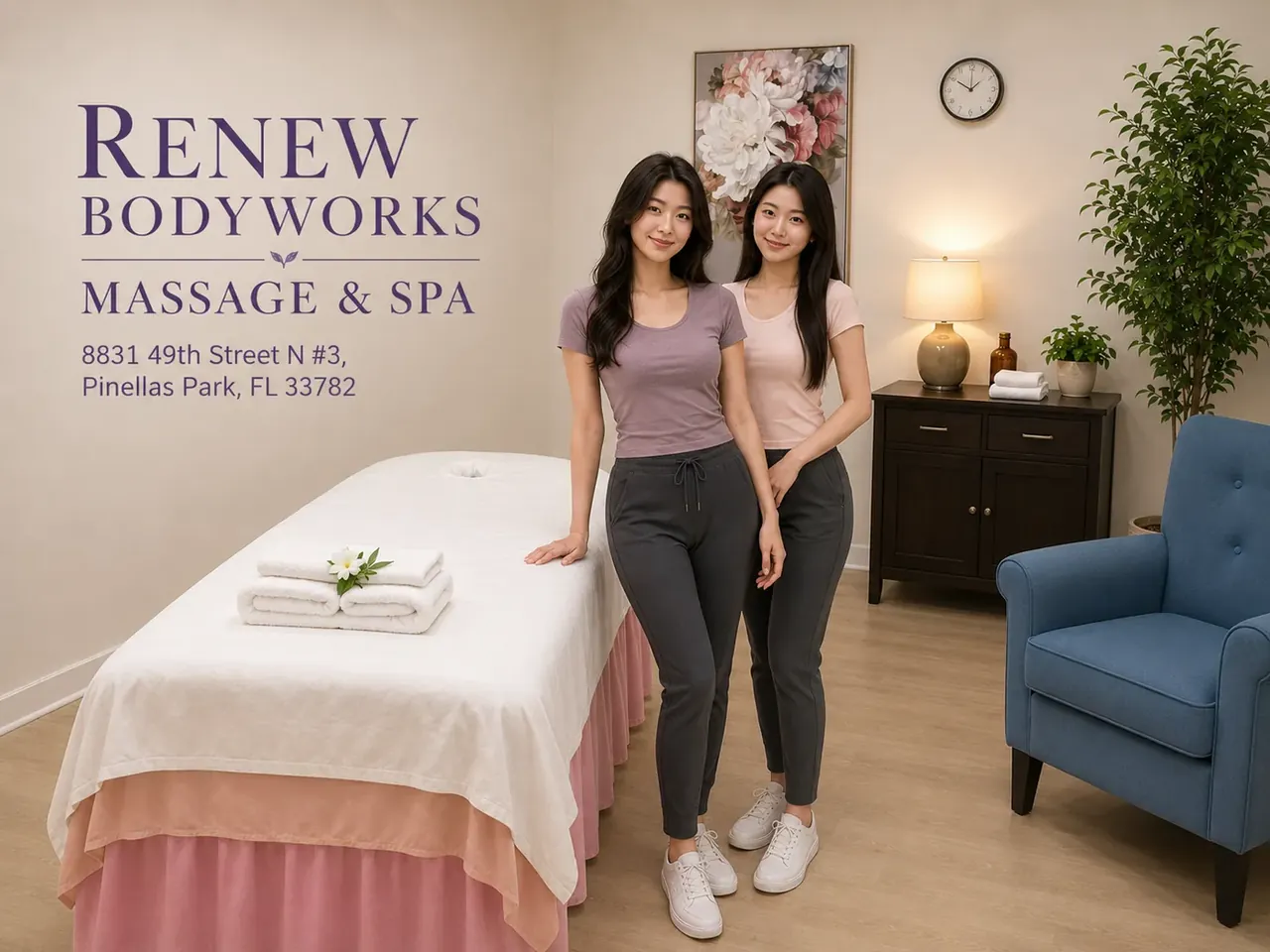 Friendly massage therapist in a clean, private room at Renew Bodyworks Massage & Spa near Clearwater FL