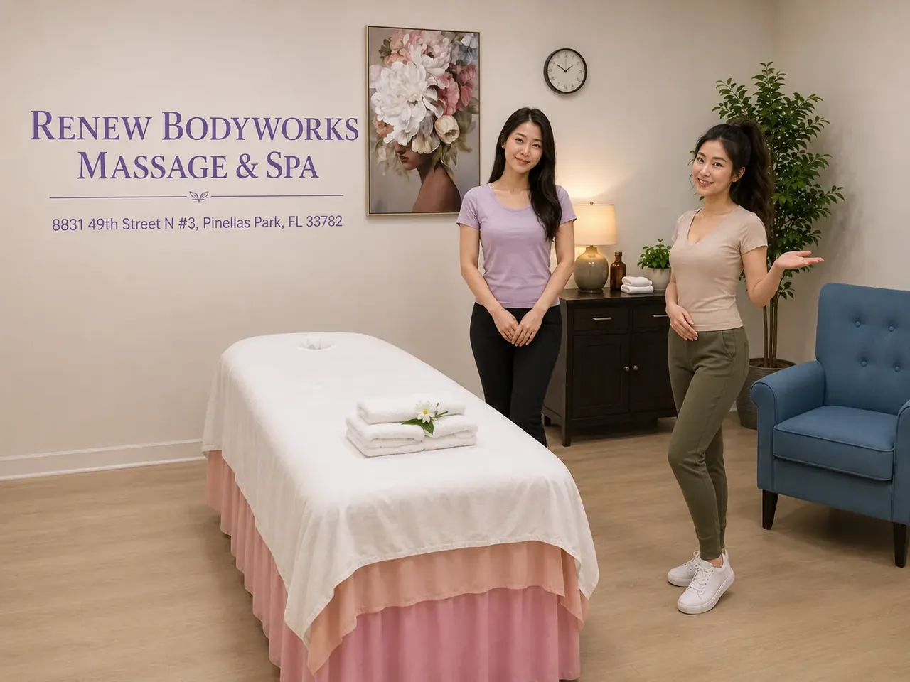 Friendly massage therapist in a clean, private room at Renew Bodyworks Massage & Spa near Gulfport FL