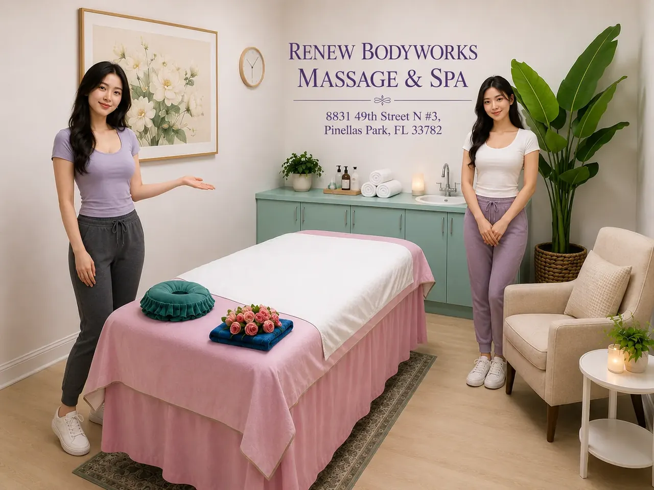Welcoming massage therapists in a warm, clean room at Renew Bodyworks Massage & Spa in Pinellas Park FL