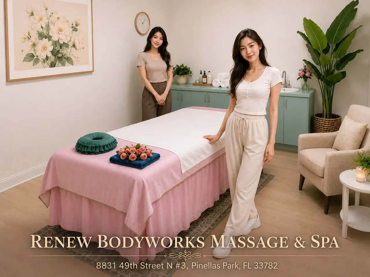 Two welcoming massage therapists in a clean private room at Renew Bodyworks Massage & Spa in Pinellas Park FL